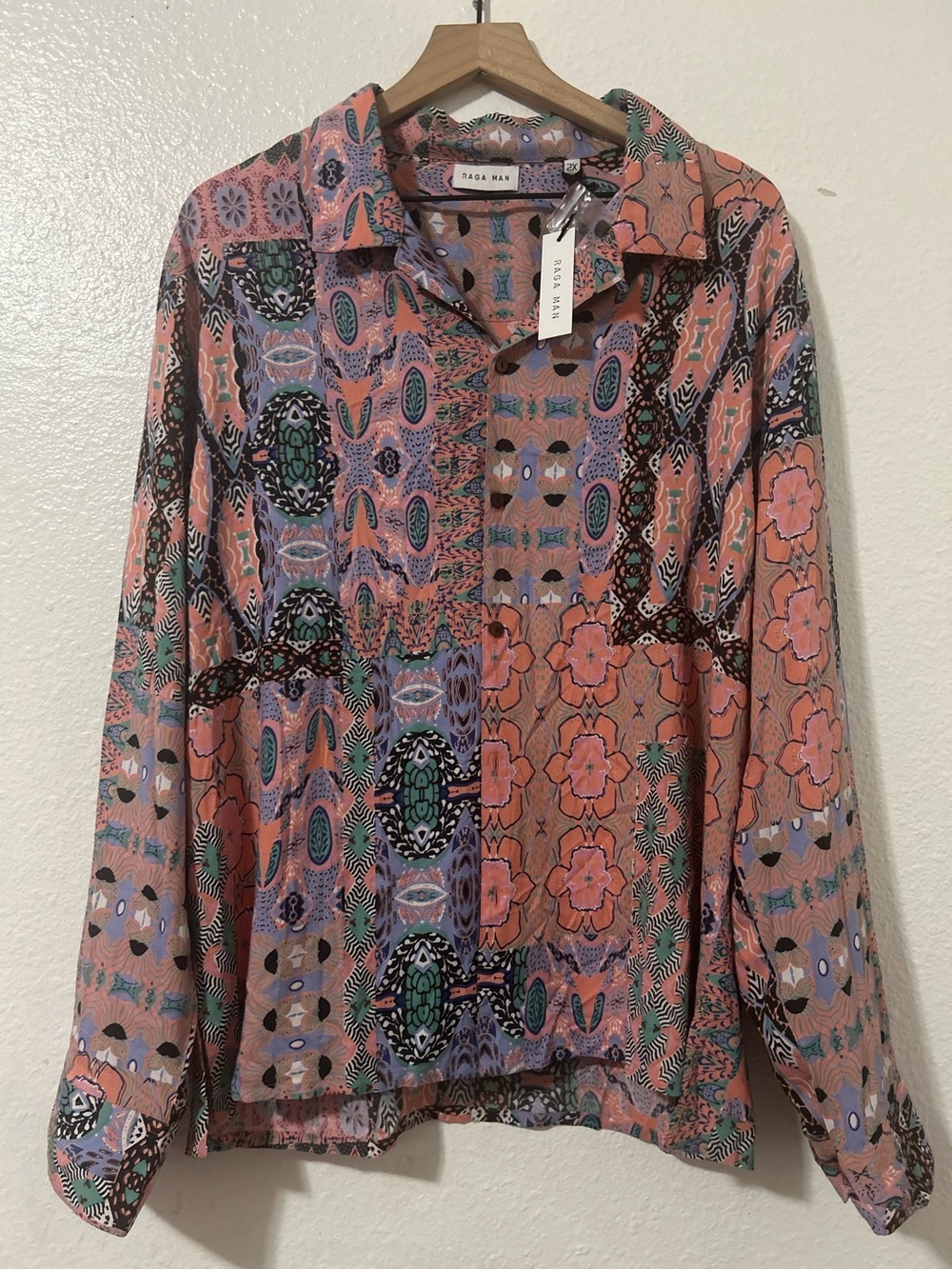Raga Man Men’s 2XL Abstract Patchwork Button-Up Shirt NWT Boho Retro - Picture 2 of 7